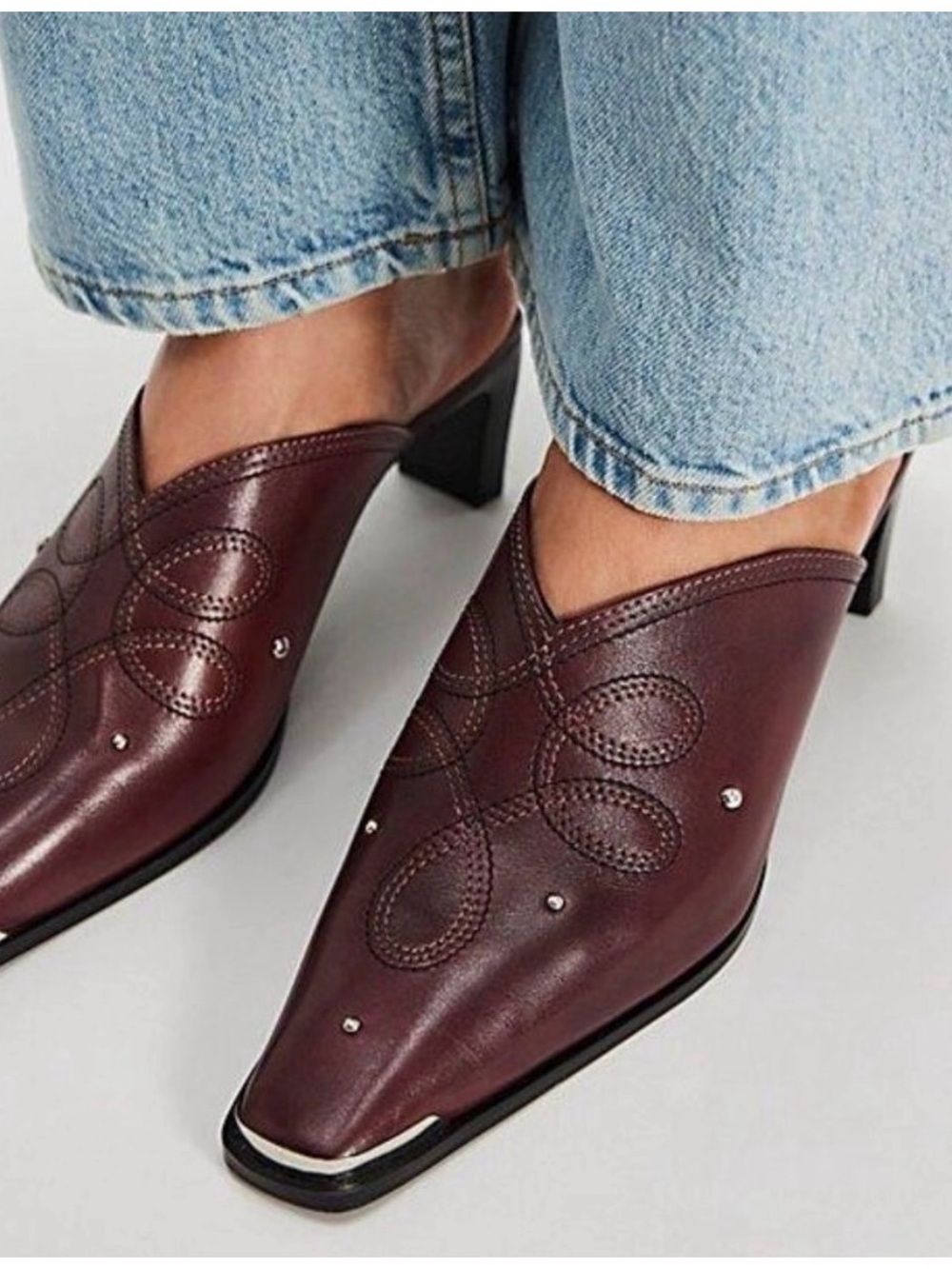 Free People Leather Burgundy Western Heeled Mules with Decorative Stitching 9.5